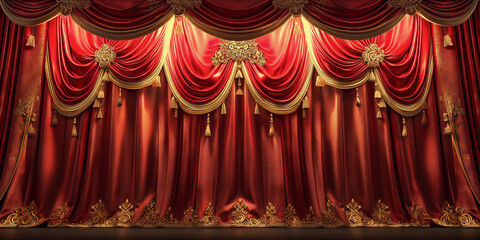 Empty theater stage with red velvet curtains.	