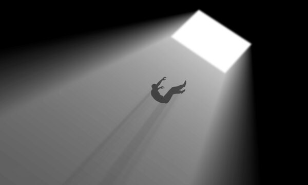 Hole Light Showing Man Failing Deep Down From The Top to the Dark Bottom. Businessman Silhouette Fails into Empty Space. Surrealism Nostalgic Scene. Dramatic Scenery. Low Angle Wide View.