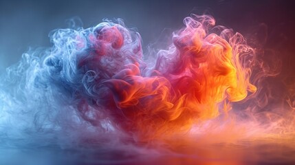  a multicolored cloud of smoke on a black background with a red, orange, and blue smoke trail. - obrazy, fototapety, plakaty
