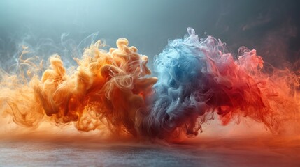  a group of colored smokes floating in the air on a blue and red background with a blue sky in the background.
