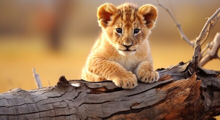 a baby lion on a log