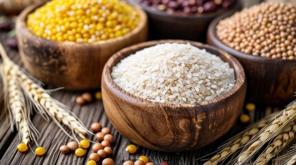  a wooden bowl filled with white rice next to other bowls filled with brown and yellow grains on a wooden table.