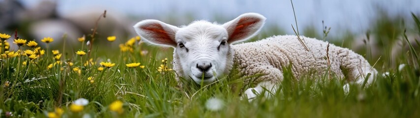 a sheep lying in the grass