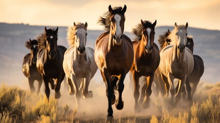 Horses free run on desert storm against sunset sky. Neural network AI generated art - obrazy, fototapety, plakaty