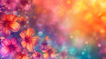 Fototapeta na wymiar Beautiful fantastic colorful flowers forming a frame with beautiful bokeh and copy space for your text