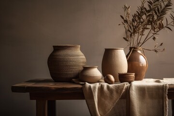 ethnically inspired vases and a sparse plant on a wooden table next to a beige wall. brown toned idea for elegant house decor