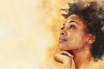Fototapeta premium Watercolor painting of African American woman in side profile with copy space Generative AI