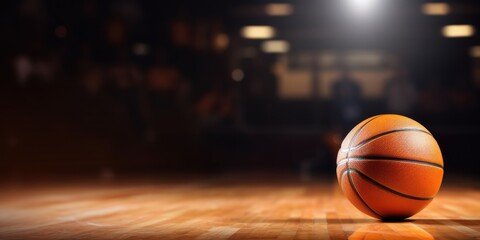 Close-up of an Orange Basketball on a Hardwood Court, Indoor Sports Arena, Copy Space. Generative AI
