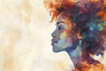 Watercolor painting of African American woman in side profile with copy space Generative AI