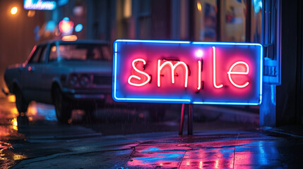 Neon Smile - Vibrant neon sign with the word 'smile' glowing in the night Gen AI - 725099532