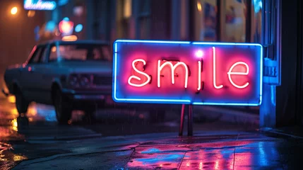 Foto op Canvas Neon Smile - Vibrant neon sign with the word 'smile' glowing in the night Gen AI © Ian