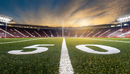 A close up of the 50 yard line with green grass and white lines in a football stadium with a sunset in the sky.