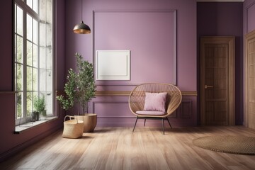 Purple hued minimalist wooden waiting room, lounge, and rattan chair with window and shutters. floor with herringbone parquet. interior design template, frame mockup