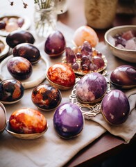  a table topped with bowls filled with different types of eggs and eggs on top of a cloth covered table cloth.