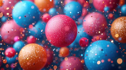  a group of colorful balls floating on top of a blue, red and orange liquid filled air filled with confetti.
