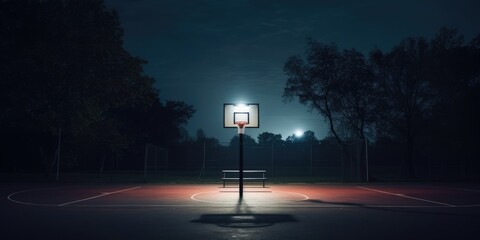 Outdoor Basketball Court at Night. Public Urban Streetball Playground. Generative AI