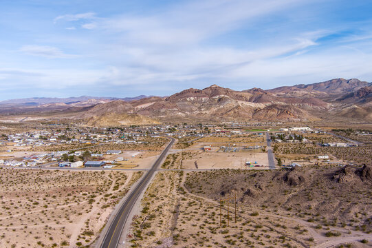 Aerial view of Beatty Nevada a former mining town just outside of Death Valley near Las Vegas 