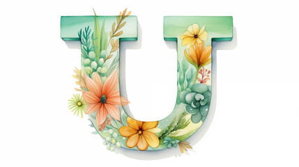 Uppercase english letter U. Colorful watercolor aquarelle font type. Floral Alphabet. Botanic flower, leaf composition. Good for wedding, bridal, birthday, greeting, baby shower card, design element