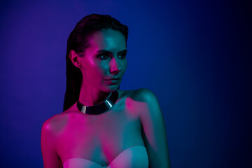 Photo of stunning attractive girl wear luxurious top jewelry feel tempting over vivid background
