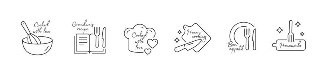 Lamas personalizadas para cocina con tu foto Homemade cook, home cooking, cooked with love. Hand drawn kitchen phrases. Set of icons for bakery shop, home cooking. Homemade Grandma recipe, Bon appetit, Chef cook. Vector