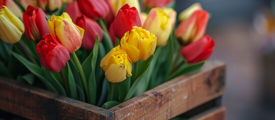 Tulips in a wooden box, with yellow and red hues, close up.