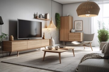 Scandinavian style living room design with a modern television cabinet and wall decorations of picture frames