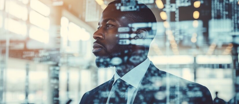 Serious African American Businessman Working In Blurry Office With Double Exposure Of Immersive Business Interface In Toned Image. NASA Elements Furnished.