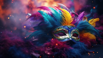 Obraz na płótnie Canvas A vibrant carnival unfolds colorful masks adorning people's faces, creating atmosphere of joy, festivity, mystery. mask showcase intricate designs, adding element of elegance to lively celebration.