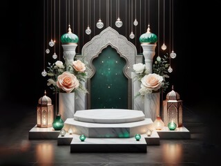 white marble podium with green crystal, peach rose and islamic lantern, ai generated