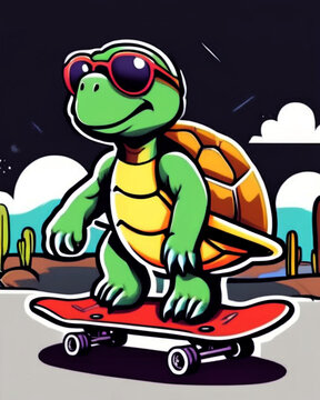 a bright image of a turtle riding along the road on a skateboard