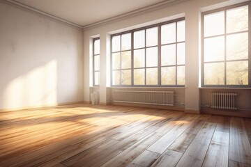 Interior, empty corner with four windows, light colored, glossy parquet flooring, and a white plinth. Perspective view of a room. a Work Path on the Windows, please. Ultra HD 8