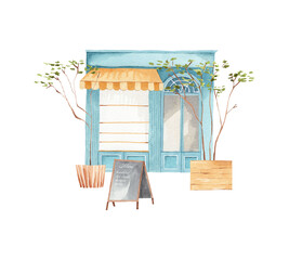 Paris style small cafe showcase with trees in the baskets and menu outside - watercolor shop in blue color. Hand drawn illustration composition, isolated on white background