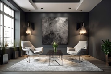 extensive lounge area. a living area with an art worthy gray wall. Two accent white armchairs and a coffee table in gray. For the inside of a home or workplace, use minimalism