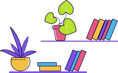 Houseplants and colorful books on shelves. Modern minimalistic room decor and cozy interior design vector illustration.