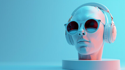 Sleek Silhouette: A Human Statue Adorned with Headphones and Sunglasses in a Serene Atmosphere