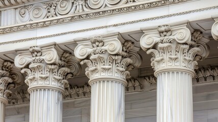 Close-up of classical white columns with intricate Corinthian capitals
