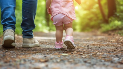Adult and toddler taking steps together on a forest trail, bonding time - Powered by Adobe