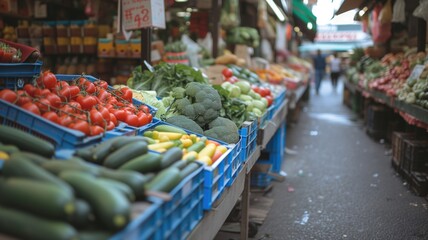 Market stands with fresh vegetables and fruits in a local bazaar