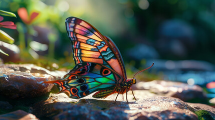 Naklejka premium Magical Garden: A Colorful Butterfly with Stunning Fairy Wings Sitting Amongst the Flowers