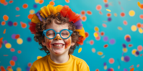  Children's carnival birthday. Joyous child in colorful carnival attire celebrating with confetti and balloons on a bright blue background - obrazy, fototapety, plakaty