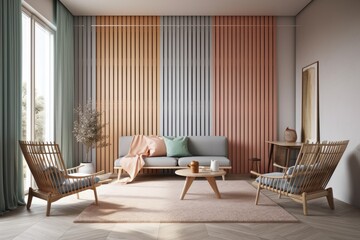 A room that is empty with slatted walls in a pastel color scheme and a living area with comfortable rattan chairs - obrazy, fototapety, plakaty