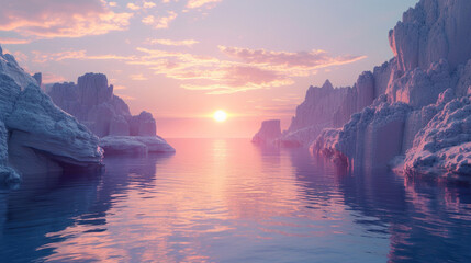 A stunning 3D rendered futuristic landscape featuring dramatic cliffs and shimmering water