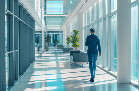 A businessman walking down a clean hallway of a downtown office