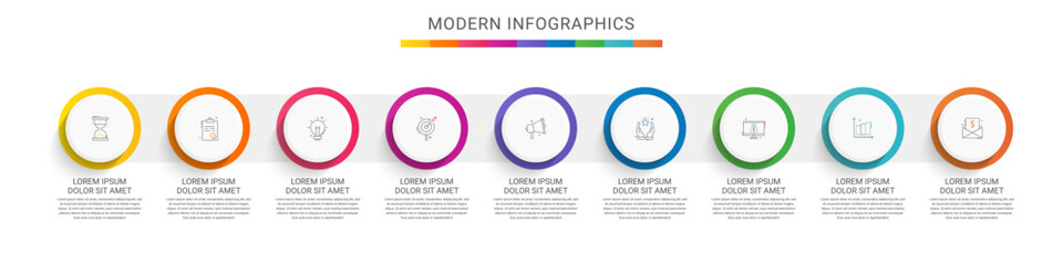 Modern infographics vector template. Cyclic infographic with nine circles. Timeline design template with 9 options, steps, and parts. Flat illustration for business.