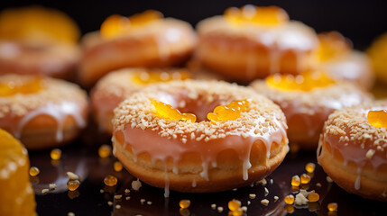 Tłusty Czwartek - pyszne lukrowane pączki i oponki z marmoladą i pomarańczą. Smakowity upieczony donut. Dużo kalorii czyli jedzenie słodkich wypieków - obrazy, fototapety, plakaty
