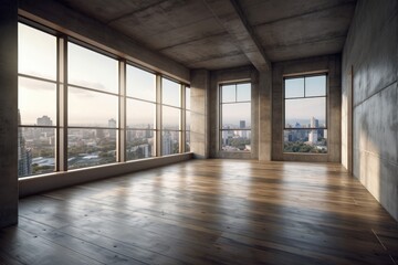 Interior of a mysterious, vacant room with three narrow liniar windows providing a city view, concrete walls, and a wooden floor