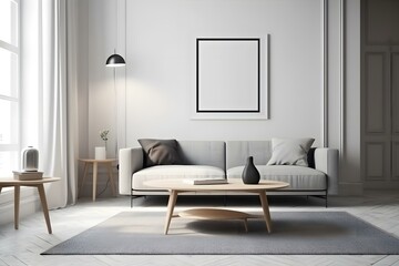 Scandinavian living room interior in light colors with a gray sofa, pillows, coffee table, mock up poster. House apartment design in a minimalist style