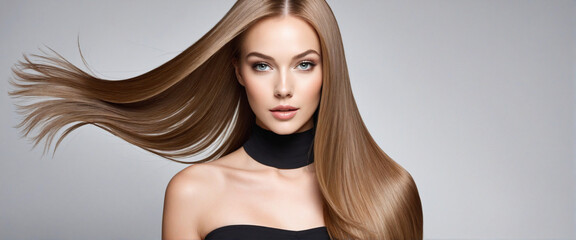 Stunning model with luxurious hair extensions. AI technology. - obrazy, fototapety, plakaty