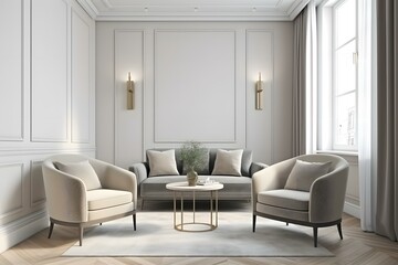 Naklejka na ściany i meble Scandinavian living room interior in light colors with two armchairs, gray sofa, pillows, coffee table, dired flowers in vase, mock up poster. House apartment design in a minimalist style