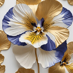 Gold and blue pansy on white canvas.